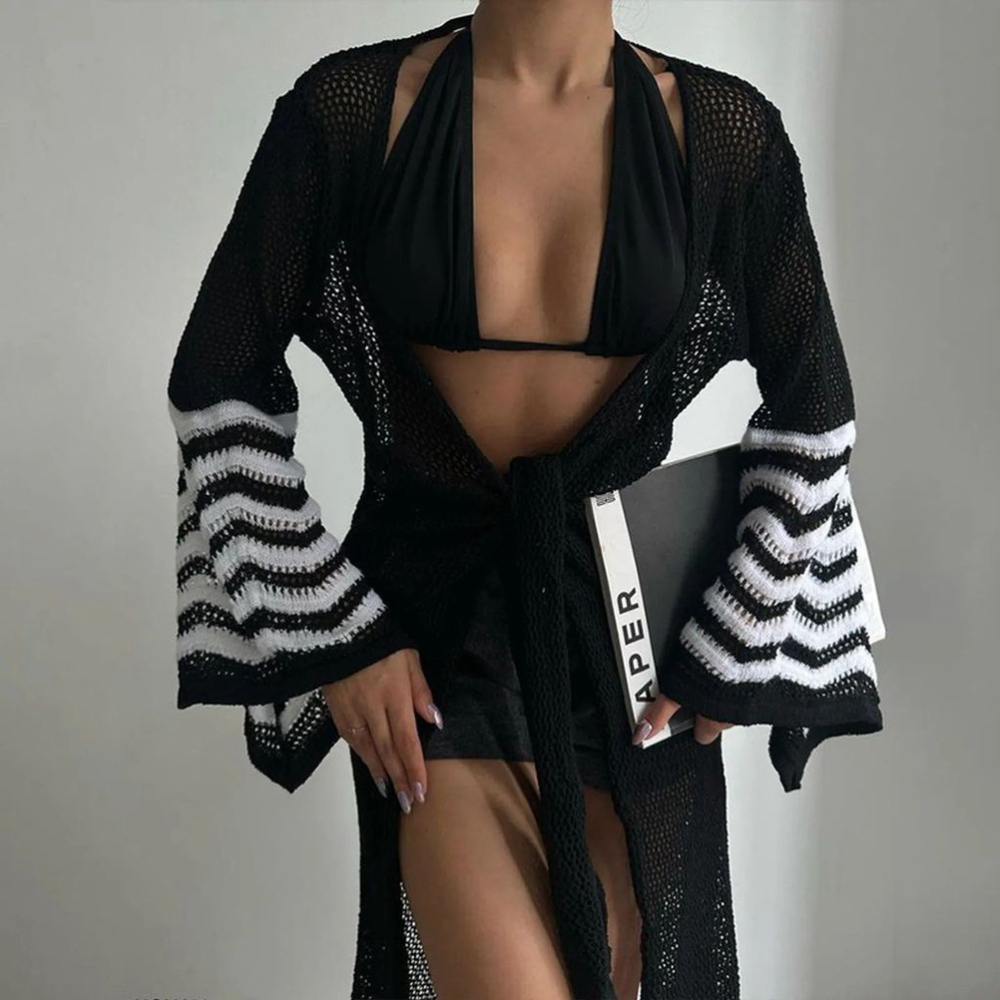 Long-Sleeved Cardigan-Style Swimsuit Coverup in Black And White
